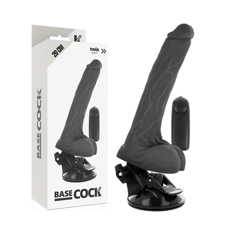 BASECOCK - VIBRADOR REALISTA PRETO COM CONTROLO REMOTO E TESTÍCULOS 20 CM -O- 4 CM