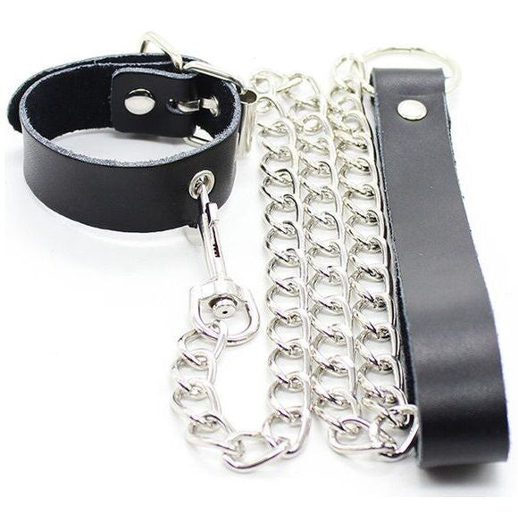 OHMAMA FETISH - COLAR PÉNIS E PULSEIRA DE COURO COM CORRENTE METÁLICA