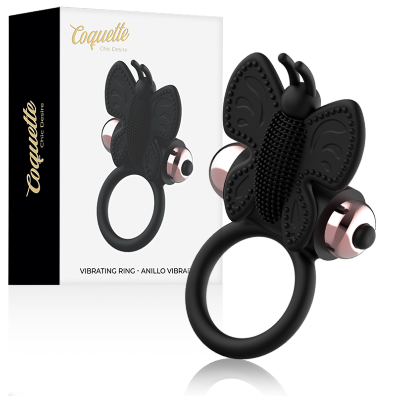 COQUETTE CHIC DESIRE - ANEL PENIANO BORBOLETA COM VIBRADOR PRETO/DOURADO