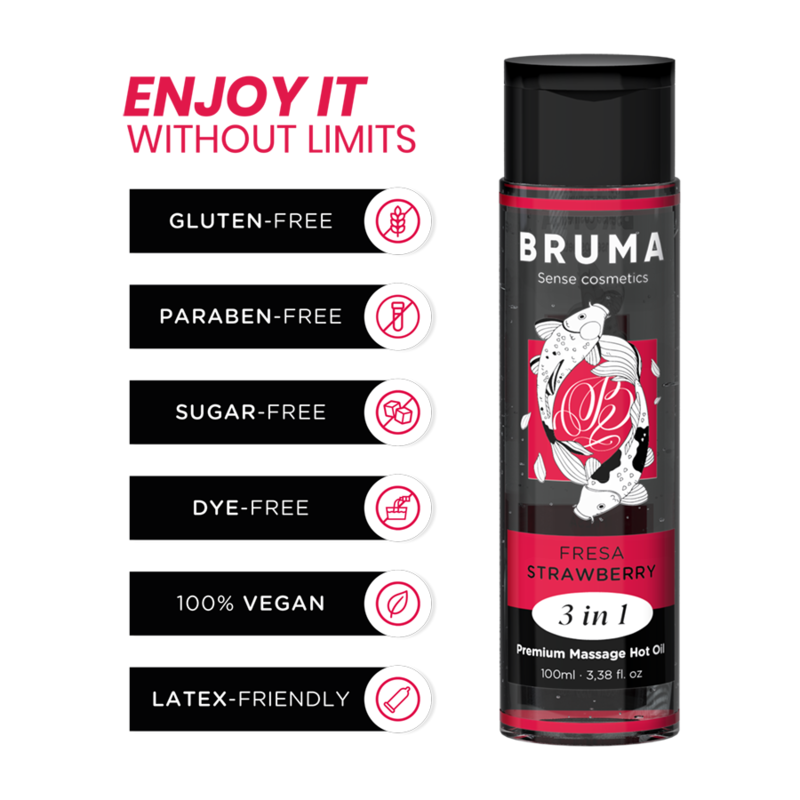 BRUMA - ÓLEO DE MASSAGEM PREMIUM EFEITO AQUECEDOR SABOR MORANGO 3 EM 1 - 100 ML