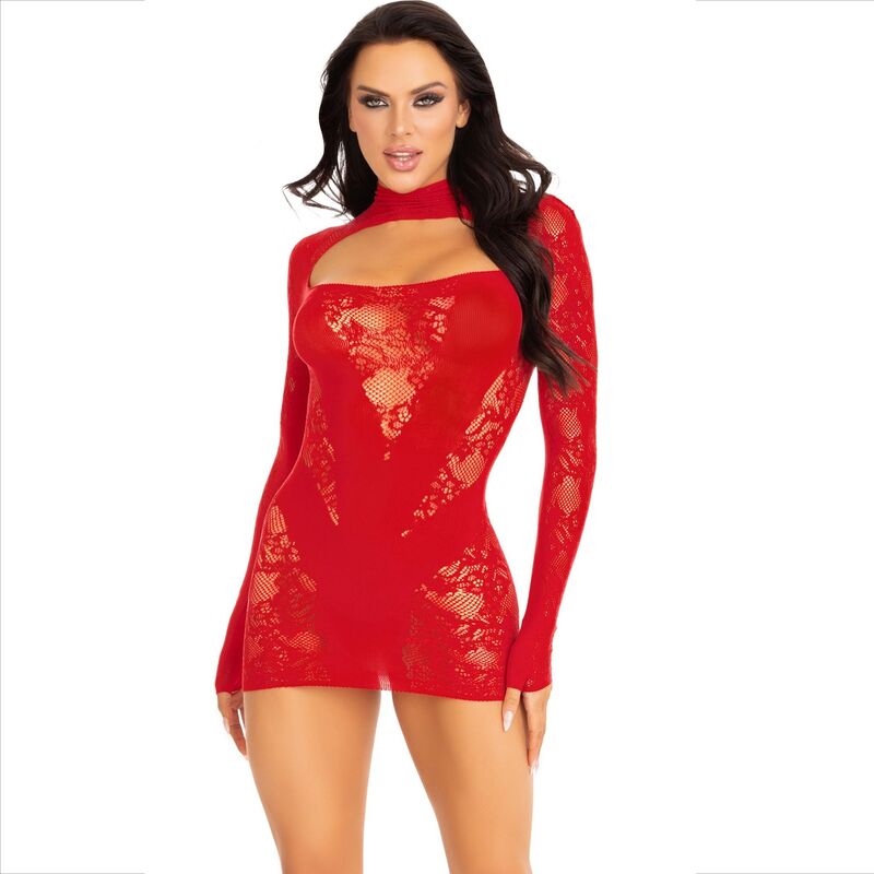 LEG AVENUE - MINI VESTIDO DE RENDA MANGA COMPRIDA VERMELHO