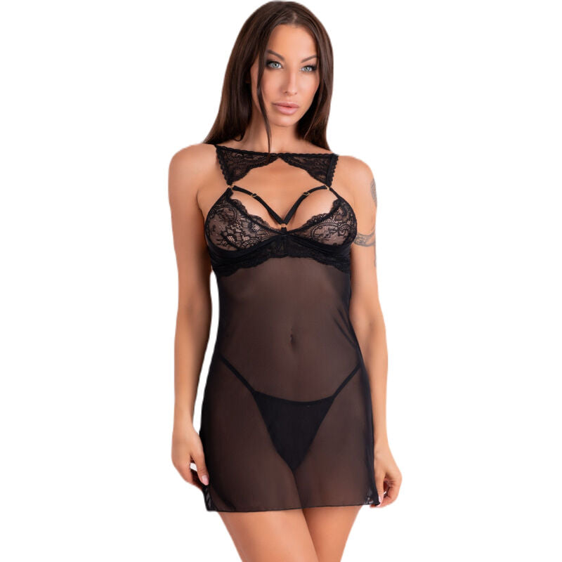 LIVCO CORSETTI FASHION - KROLINA LC 90734 CHEMISE + TANGA PRETO S/M