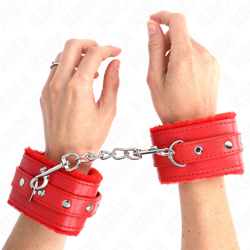 KINK - APOIOS DE PULSO DUPLOS DE PELE SINTÉTICA PREMIUM VERMELHOS COM CINTO VERMELHO AJUSTÁVEL 17-29 CM X 6 CM
