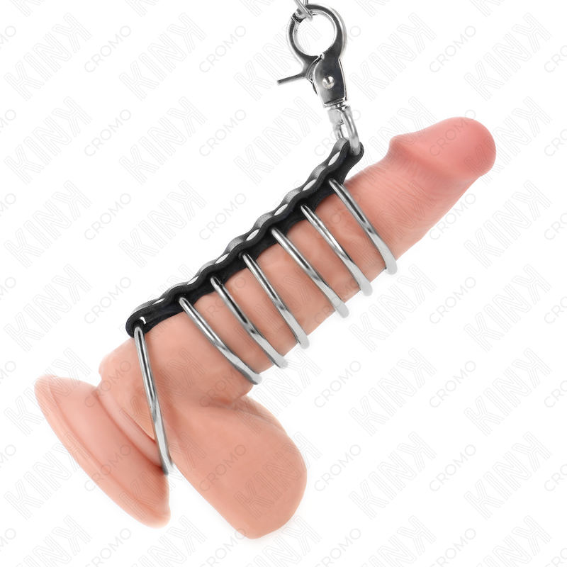 KINK - 7 ANÉIS DE PÉNIS EM METAL DE 3,8 CM A 5 CM LIGADOS COM COURO E CORRENTE DE METAL 100 CM