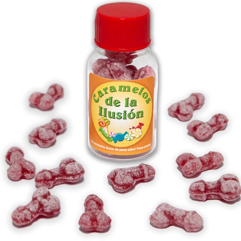 DIABLO PICANTE - 12 rebuçados ilusórios em forma de pénis, morango/cereja