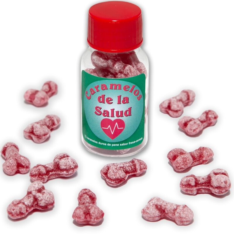 DIABLO PICANTE - 12 REBUÇADOS SAUDÁVEIS EM FORMA DE PÉNIS MORANGO/CEREJA