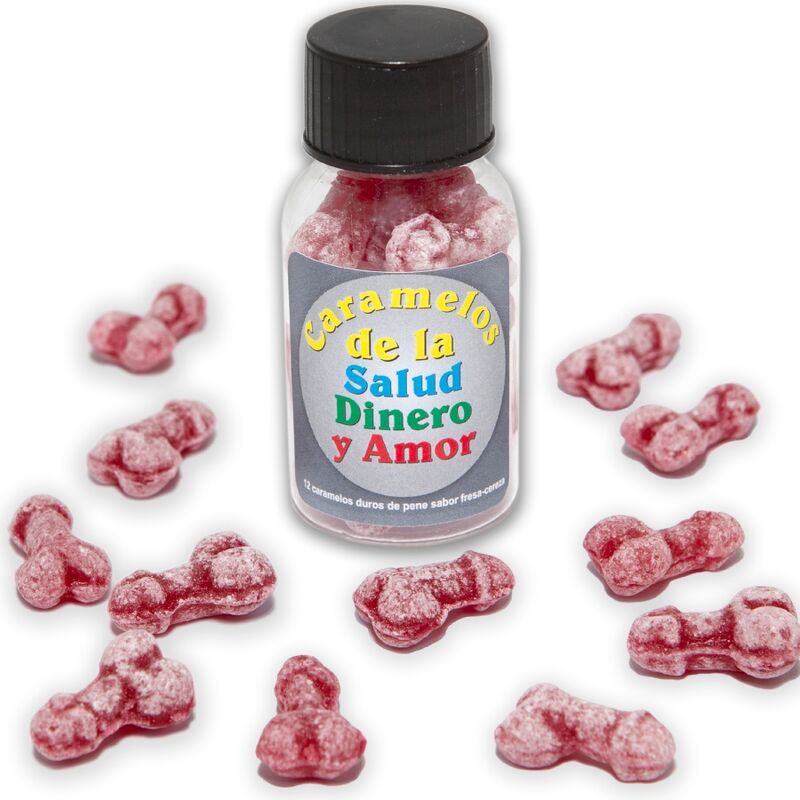 DIABLO PICANTE - 12 rebuçados de SAÚDE-DINHEIRO-AMOR em forma de PÉNIS de MORANGO/CEREJA