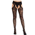LEG AVENUE - MEIAS DE RENDA FLORAL COM LIGA UNITED BLACK