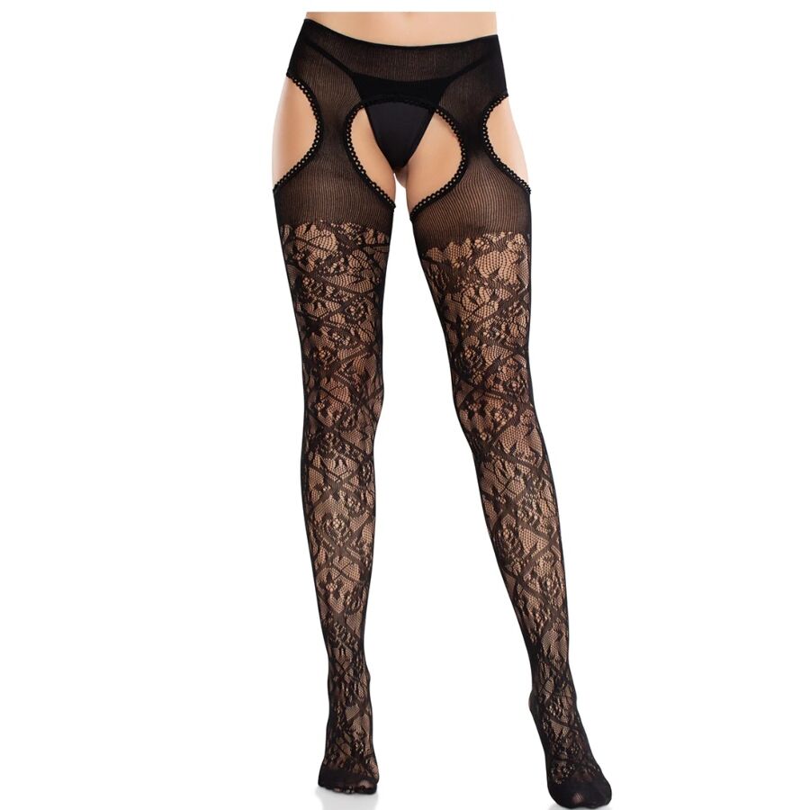 LEG AVENUE - MEIAS DE RENDA FLORAL COM LIGA UNITED BLACK