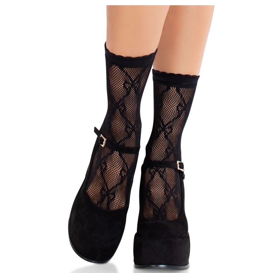 LEG AVENUE - MEIAS PRETAS EM RENDA COM LAÇO