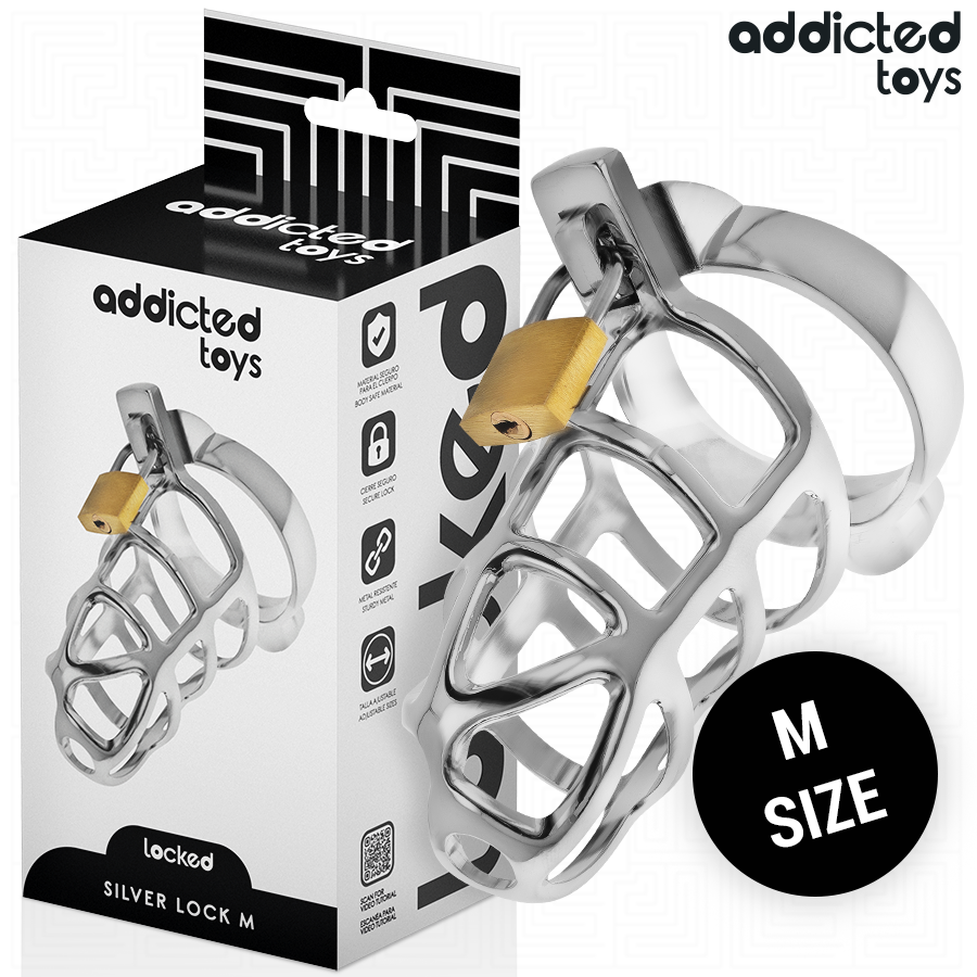 ADDICTED TOYS LOCKED - GAIOLA PARA PÉNIS EM METAL COM CADEADO PRATA TAMANHO M