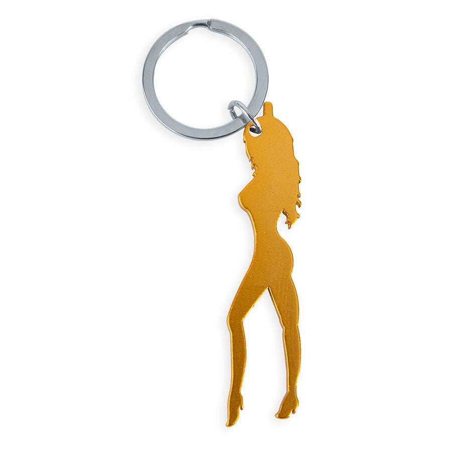 DIABLO PICANTE - CHAVEIRO COM SILHUETA FEMININA DOURADA COM ABRIDOR DE GARRAFAS