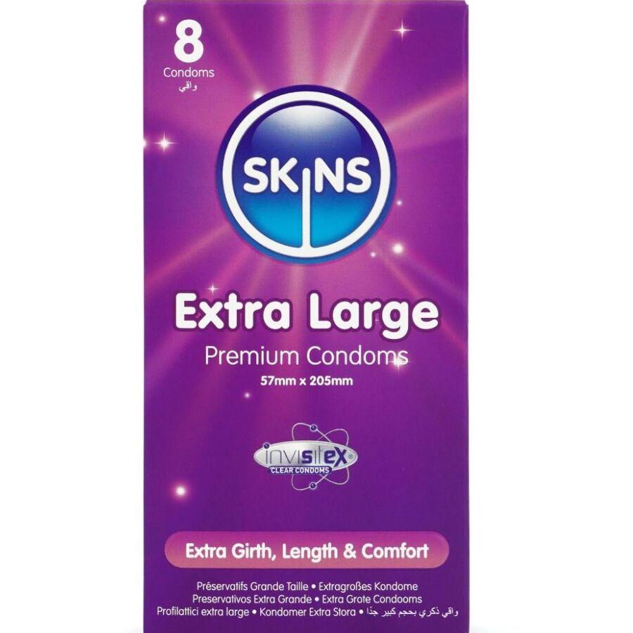 SKINS - EMBALAGEM DE 8 PRESERVATIVOS EXTRA LARGOS PREMIUM