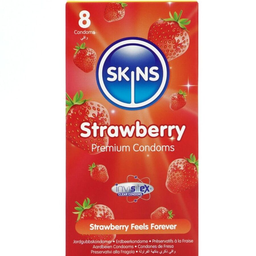 SKINS - EMBALAGEM DE 8 PRESERVATIVOS PREMIUM DE MORANGO