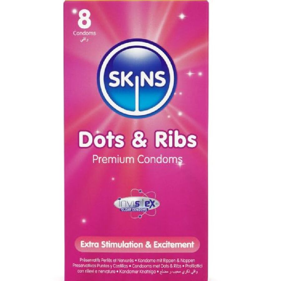 SKINS - PACK DE 8 PRESERVATIVOS PREMIUM PONTOS E ESTRIAS