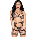 LEG AVENUE - 89362 CONJUNTO TOP + FIO DENTAL + CINTA LIGAS + ALGEMAS PRETO - TAMANHO ÚNICO