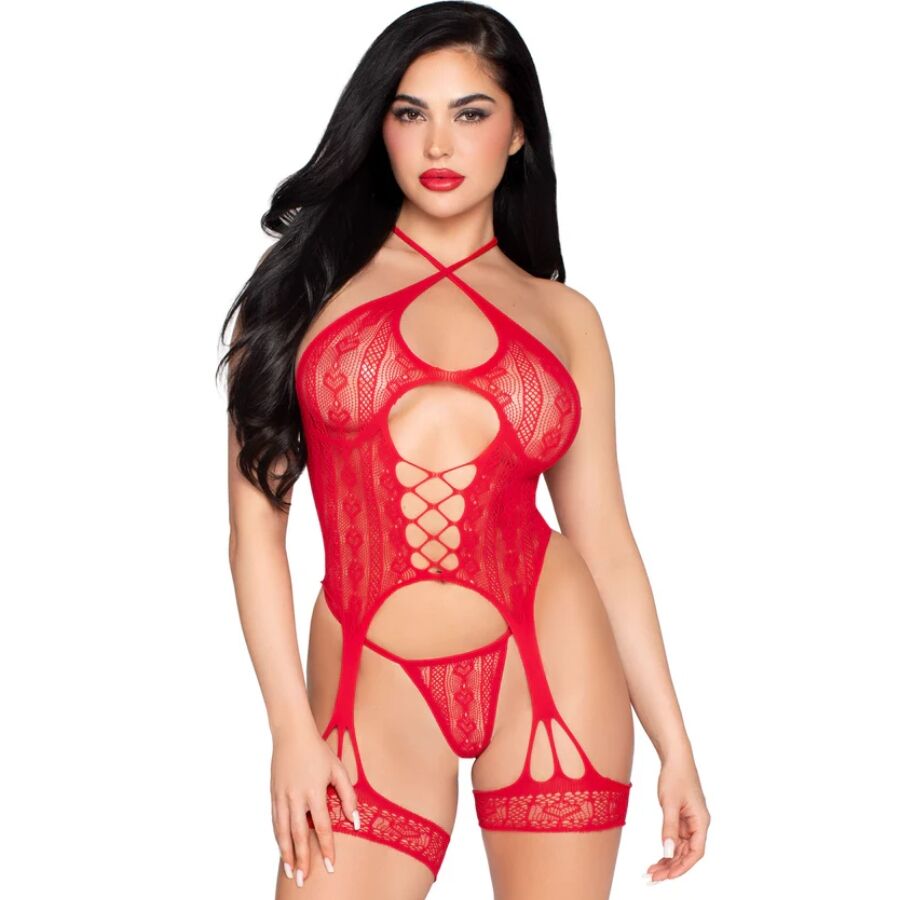 LEG AVENUE - 89338 BODY ABERTO EM RENDA COM LIGUEIRO + FIOS DENTAIS VERMELHOS - TAMANHO ÚNICO