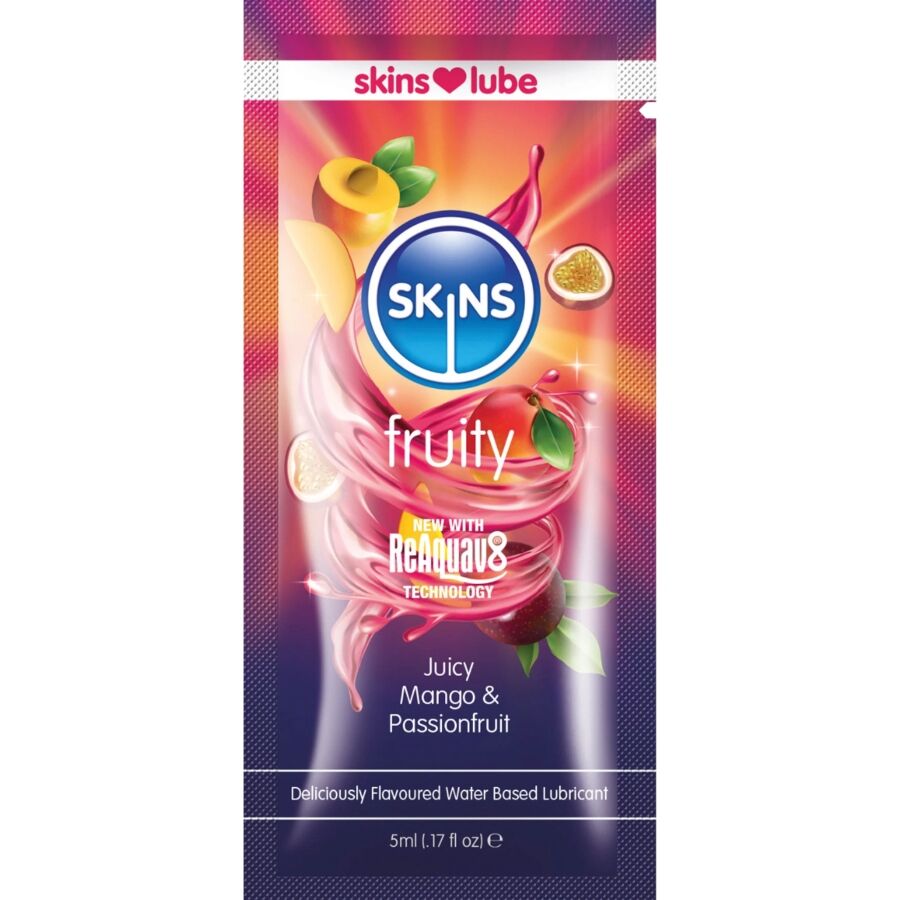 SKINS - LUBRIFICANTE FRUTADO À BASE DE ÁGUA MANGA E MARACUJÁ DOSE ÚNICA 5 ML