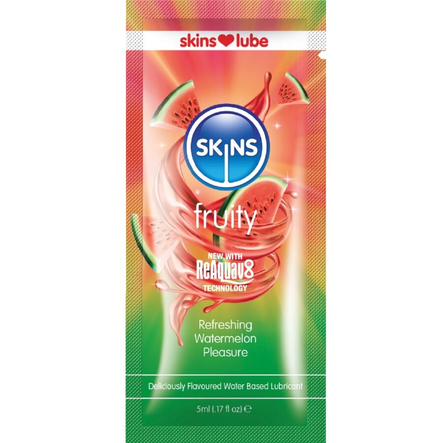 SKINS - LUBRIFICANTE FRUTADO À BASE DE ÁGUA PERFUME MELANCIA DOSE ÚNICA 5 ML