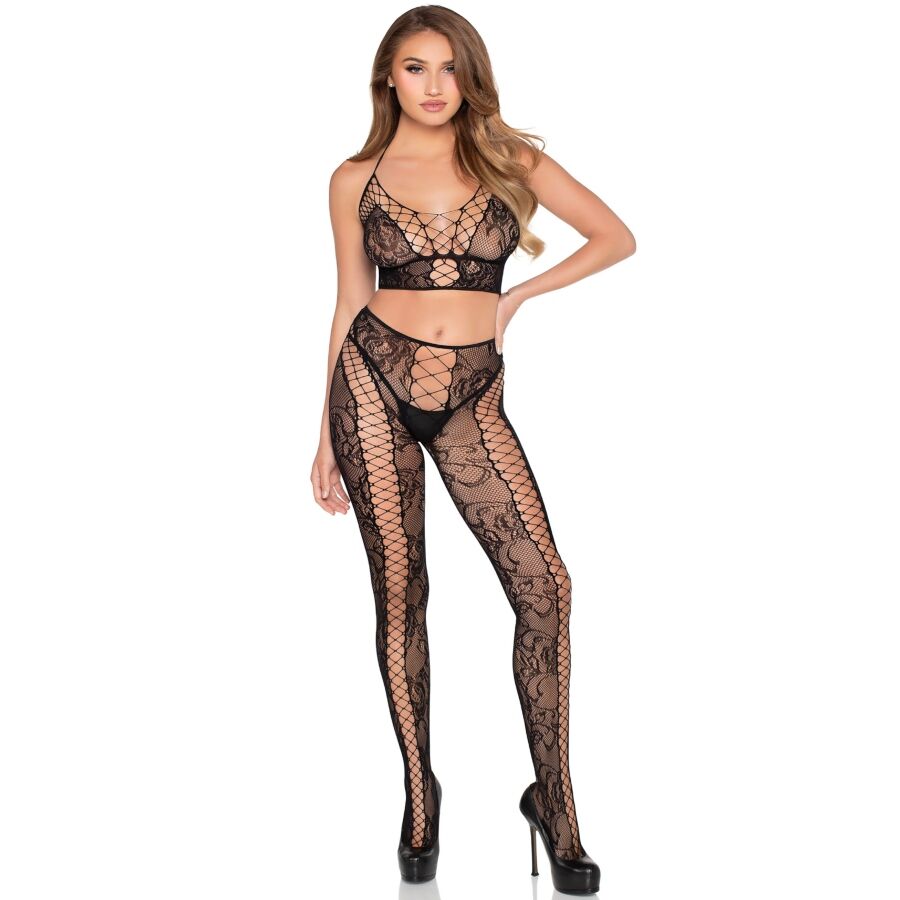 LEG AVENUE - 89368 CONJUNTO DE CROP TOP E COLLANTS PRETOS DE REDE E RENDA - TAMANHO ÚNICO