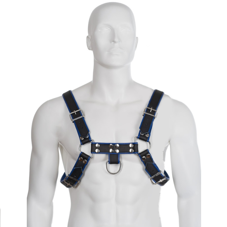 CORPO EM PELE - ARNÊS EM PELE AZUL E PRETO PEITORAL BULLDOG